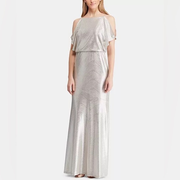 NEW Lauren Ralph Lauren Metallic Cold Shoulder Gown Champagne Formal Size 4 NWT - Picture 1 of 10